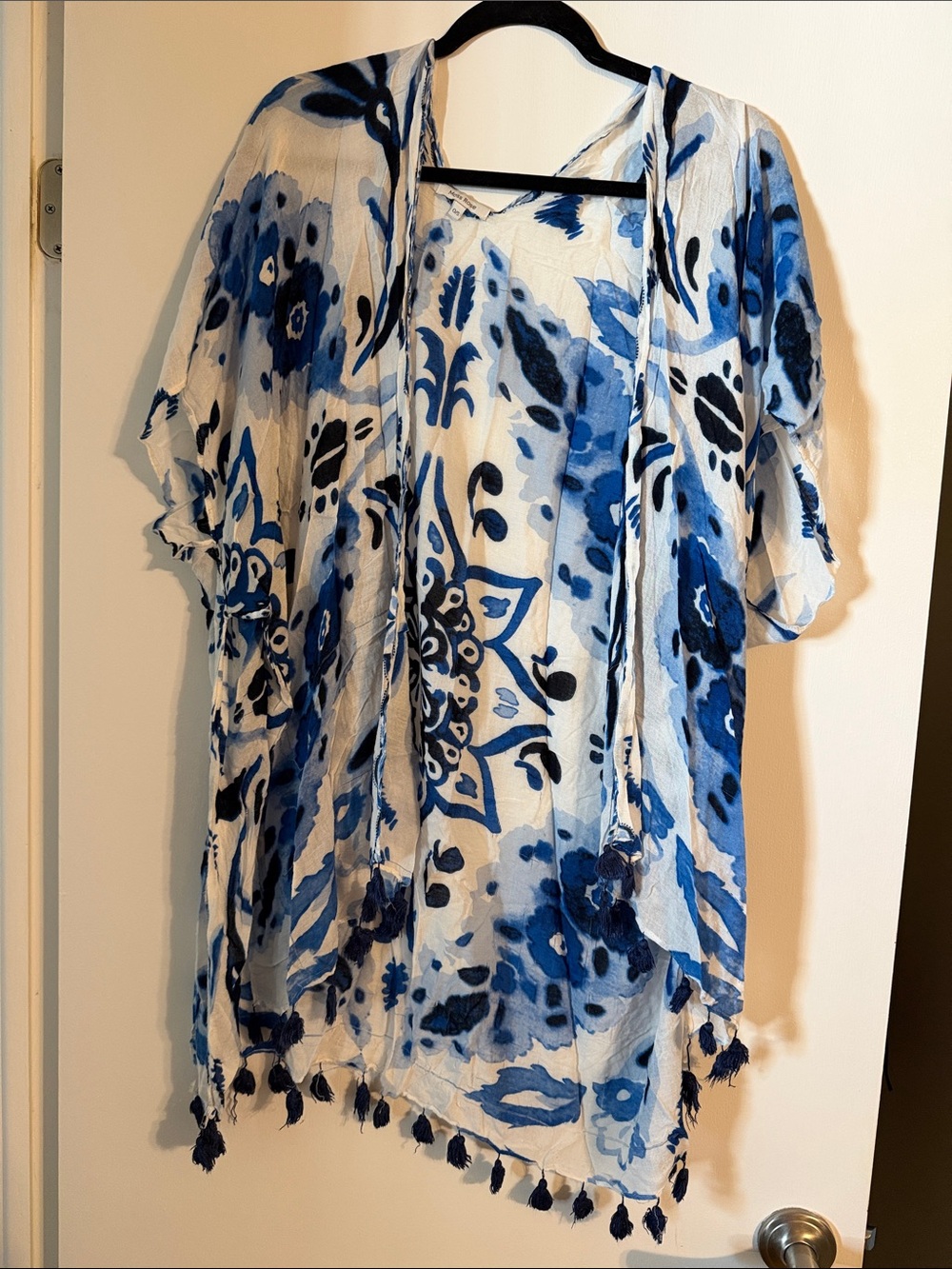 Blue and White Floral Tassel Kimono Tunic - Lightweight Cover-Up